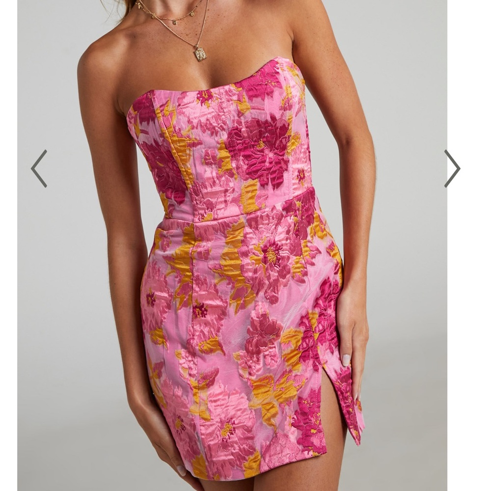 Mini strapless dress.